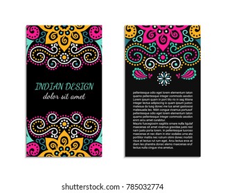 Indian style bright colorful mehendi ornament flyer. Front and back pages. Ornamental vertical blank with ethnic motifs. Paper brochure template. Oriental design concept. EPS 10 vector illustration.