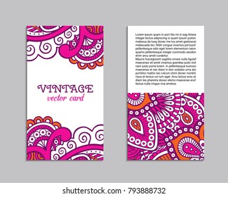 Indian style bright colorful mehendi ornament flyer. Front and back pages. Ornamental vertical blank with ethnic motifs. Paper brochure template. Oriental design concept. EPS 10 vector illustration.