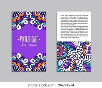 Indian style bright colorful mehendi ornament flyer. Front and back pages. Ornamental vertical blank with ethnic motifs. Paper brochure template. Oriental design concept. EPS 10 vector illustration.