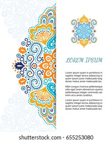 Indian style colorful ornate card. Ornamental blank with ethnic motifs. Oriental graphic design concept. Paper brochure template. EPS 10 vector illustration. Clipping mask.