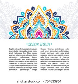 Indian style colorful ornate card. Ornamental blank with ethnic motifs. Oriental graphic design concept. Paper brochure template. EPS 10 vector illustration. Clipping mask.