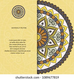 Indian style colorful ornate mandala card. Ornamental blank with ethnic motifs. Oriental graphic design concept. Paper brochure template. EPS 10 vector illustration. Clipping mask.