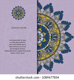 Indian style colorful ornate mandala card. Ornamental blank with ethnic motifs. Oriental graphic design concept. Paper brochure template. EPS 10 vector illustration. Clipping mask.