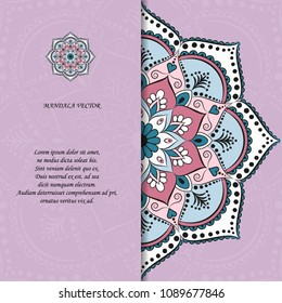 Indian style colorful ornate mandala card. Ornamental blank with ethnic motifs. Oriental graphic design concept. Paper brochure template. EPS 10 vector illustration. Clipping mask.