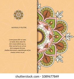 Indian style colorful ornate mandala card. Ornamental blank with ethnic motifs. Oriental graphic design concept. Paper brochure template. EPS 10 vector illustration. Clipping mask.