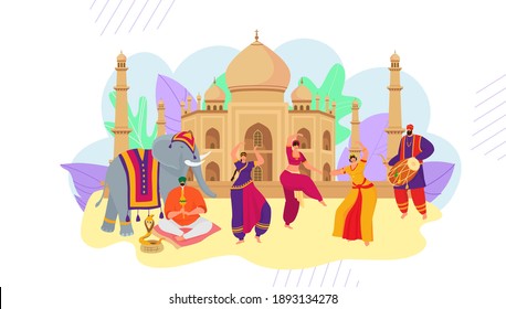 Indian style concept banner, holiday performance oriental celebration, woman character dancing flat vector illustration, isolated on white. East building with animal elephant, street urban play.