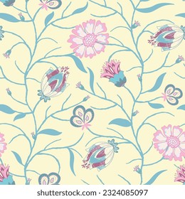 Indian style floral pattern with stylised flowers on beige background. For home textile, wrapping paper, packaging, DIY projects