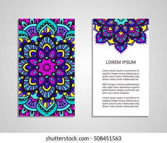 Indian style flyer with bright colorful mandala. Front and back pages. Ornamental blank with ethnic motifs. Oriental design concept. EPS 10 vector illustration. Two clipping masks. Isolated.