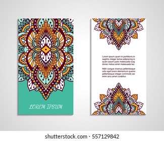 Indian style flyer with bright colorful ornament. Front and back pages. Ornamental vertical blank with ethnic motifs. Oriental design concept. EPS 10 vector illustration. Clipping masks. Isolated.
