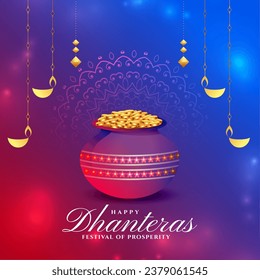 indian style happy dhanteras greetings background for ganpati and laxmi puja vector. Translation: Happy Dhanteras, dhan means wealth teras means thirteen