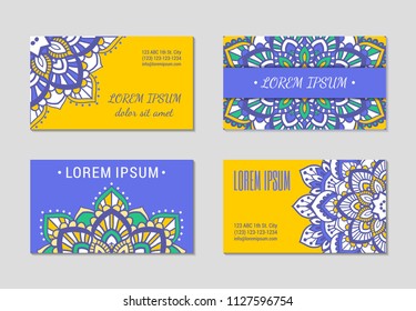 Indian style horizontal card set with bright mandala. Front and back pages. Ethnic ornamental blank. Oriental concept. Eastern collection. EPS 10 vector. Clipping masks.