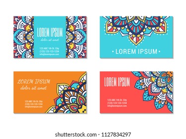 Indian style horizontal card set with bright mandala. Front and back pages. Ethnic ornamental blank. Oriental concept. Eastern collection. EPS 10 vector. Clipping masks.