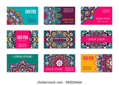 Indian style horizontal card set with bright colorful mandala. Front and back pages. Ethnic ornamental blank. Oriental design concept. Eastern collection. EPS 10 vector. Clipping masks.