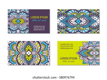 Indian style horizontal colorful ornate visiting card set. Front and back pages. Ornamental blanks with ethnic motifs. Oriental design concept. EPS 10 vector illustration. Clipping masks.