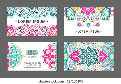 Indian style horizontal colorful ornate visiting card set. Ornamental blanks with ethnic motifs. Oriental design concept. EPS 10 vector illustration. Clipping masks.