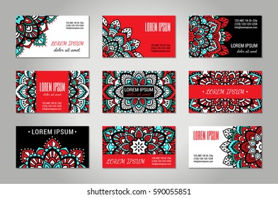 Indian style horizontall card set with bright colorful mandala. Front and back pages. Ethnic ornamental blank. Oriental design concept. Eastern collection. EPS 10 vector. Clipping masks.