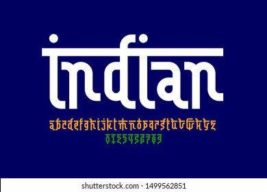 Indian style Latin font design, Devanagari inspared alphabet, letters and numbers, vector illustration