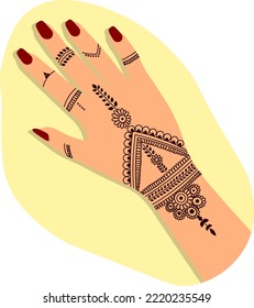 Indian style mehendi painting for wedding on woman hand with red nail polish, henna art in arabic culture for Ramadan vector illustration