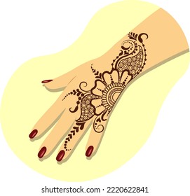 Indian style mehendi painting for wedding on woman hand with red nail polish, henna art in arabic culture for Ramadan vector illustration