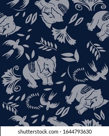 Indian style ornament with elefpants and paisleys on dark background. Seamless pattern for textile and decoration