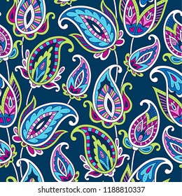 Indian style ornament  with floral paisleys on dark blue background. Seamless pattern for textile and decoration
