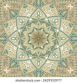 Patrón de estilo indio con mandala. Vector de fondo beige. Plantilla para textil, alfombra, alfombra, bufanda.