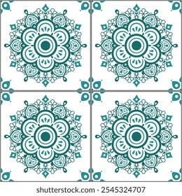 Patrón inconsútil de Vector de azulejos de estilo indio con mandalas y flores inspiradas en el arte del tatuaje Mehndi de la India. No generado por IA
