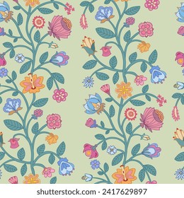 Indian style trailing floral pattern. Vertical Columns of hand drawn colourful stylised flowers. For textile, wallpaper, packaging, DIY projects.