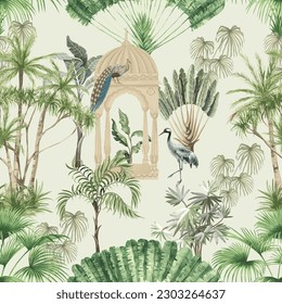 Indian style tropical forest garden with temple, peacock and stork seamless illustration pattern for wallpaper