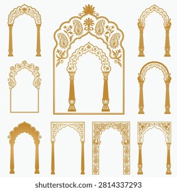 Indian Style Vector Arch Set. Ornamental Decorative Arches Collection, Traditional Oriental Architecture Elements