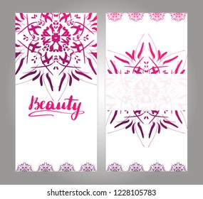 Indian style vertical flyer set with bright gradient mandala. Front and back pages. Ethnic ornamental blank. Oriental design concept. EPS 10 vector. Clipping masks.