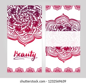 Indian style vertical flyer set with bright gradient mandala. Front and back pages. Ethnic ornamental blank. Oriental design concept. EPS 10 vector. Clipping masks.