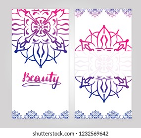 Indian style vertical flyer set with bright gradient mandala. Front and back pages. Ethnic ornamental blank. Oriental design concept. EPS 10 vector. Clipping masks.