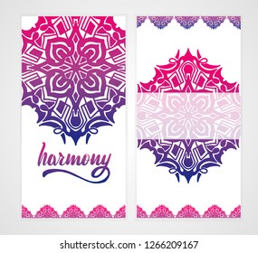 Indian style vertical flyer set with bright gradient mandala. Front and back pages. Ethnic ornamental blank. Oriental design concept. EPS 10 vector. Clipping masks.