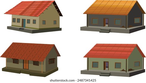 Indian style village house collection, hut collection for cartoon animation, tin shade house, cottage with thatched roof vector illustration, isolated on white background