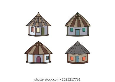 Coleção de casas de aldeia estilo indiano. Cabana de animação de desenhos animados com telhado de palha em ilustração vetorial para autêntica cena rural