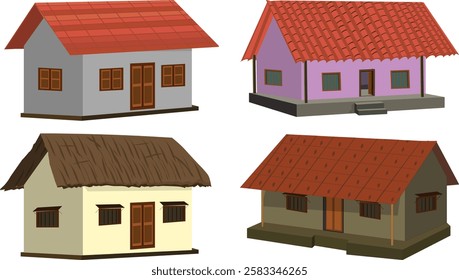 Indian style village house collection, hut collection for cartoon animation, tin shade house, bungalow with thatched roof vector illustration	