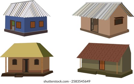 Indian style village house collection, hut collection for cartoon animation, tin shade house, mud house, cottage with thatched roof vector illustration	