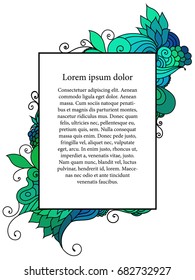 Indian style zentangle design template with colorful blue and green doodles and copy space on white background.