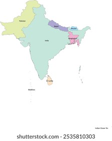 Mapa do subcontinente indiano com países por cor e nomes com 7 Países e um Território