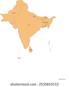 Mapa do subcontinente indiano com países e nomes com 7 Países e um Território