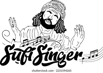 Indian Sufi Singer sketch drawing illustration, Qawwali Singer vector clip art, Islamic Classic permoer logo, Indian Ghazal Singer emblem, Folk Singer cartoon character