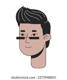 Indian sunglasses man crew cut haircut 2D linear cartoon character head. Stylish south asian guy wearing glasses isolated line vector person face white background. Smiling color flat spot illustration