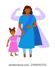 An Indian superwoman walks with her daughter and a phone in her hands. A strong and independent supermom, a woman who achieves everything herself.