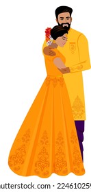 indian sweet couple in trendy yellow-orange clothes  Groom tenderly hugs the bride Vector