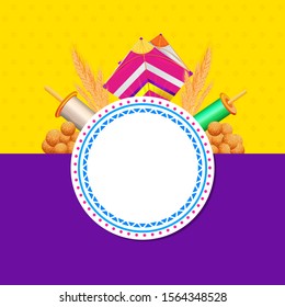 Indian sweet (Laddu) with kite, string spool, wheat ear and empty circular frame given for your message on yellow and purple background for Happy Makar Sankranti.