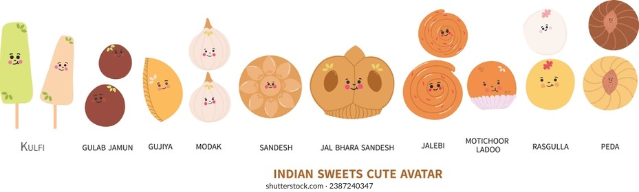 Indian sweets cute avatar vector isolated cute cartoon of traditional sweets 