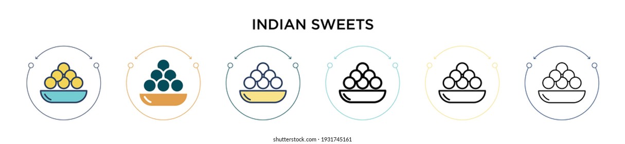 Indian sweets icon in filled, thin line, outline and stroke style. Vector illustration of two colored and black indian sweets vector icons designs can be used for mobile, ui, web