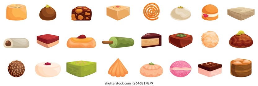 Indian sweets icons set. Colorful indian sweets and desserts representing rich culinary tradition