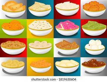 Indische Süßigkeiten oder Mithai wie Gujiya, Jalebi, peda, Rasgulla, Barfi, Petha, Malpua, Sandesh, Soan papdi